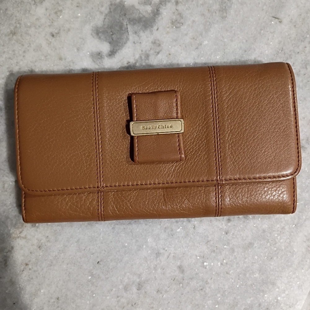 See By Chloe Trifold Tan Leather Wallet With Gold Tone Hardware